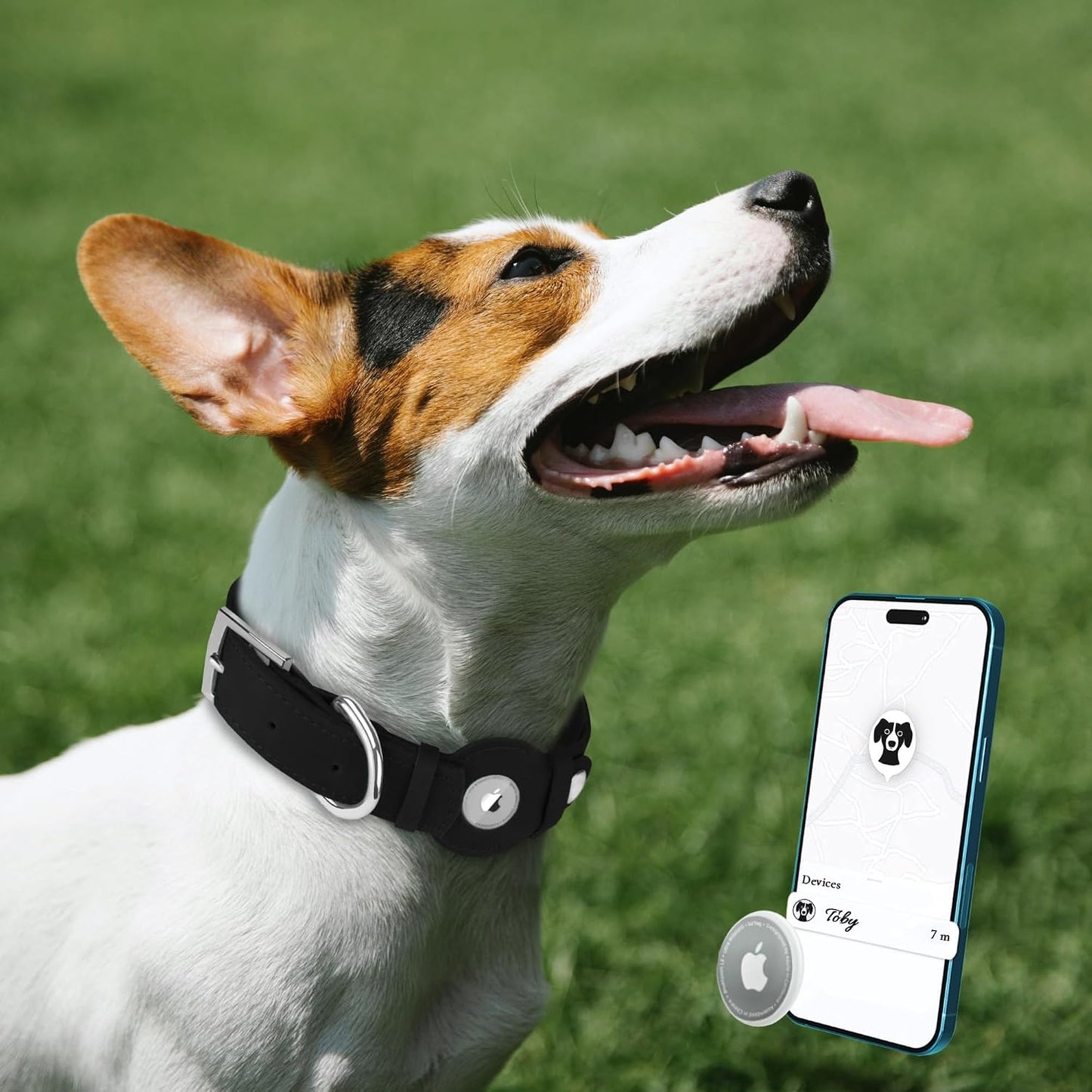 Leather Dog Collar with Airtag Holder - Apple Air Tag Dog Collars - Soft Tracking GPS Pet Collar for Small Medium Large Dogs Breed Puppy (Black, L, 15"-19" Neck Fit)
