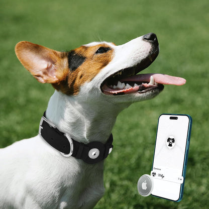 Leather Dog Collar with Airtag Holder - Apple Air Tag Dog Collars - Soft Tracking GPS Pet Collar for Small Medium Large Dogs Breed Puppy (Black, L, 15"-19" Neck Fit)