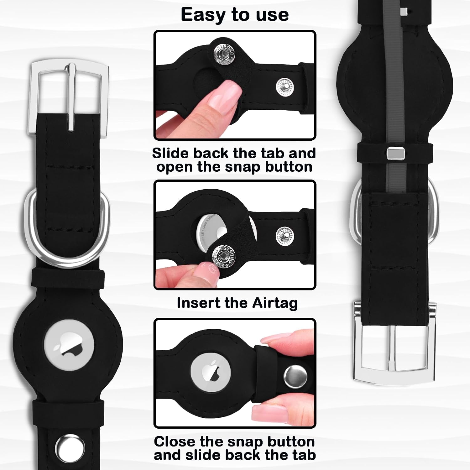 Leather Dog Collar with Airtag Holder - Apple Air Tag Dog Collars - Soft Tracking GPS Pet Collar for Small Medium Large Dogs Breed Puppy (Black, L, 15"-19" Neck Fit)
