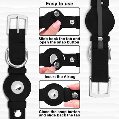 Leather Dog Collar with Airtag Holder - Apple Air Tag Dog Collars - Soft Tracking GPS Pet Collar for Small Medium Large Dogs Breed Puppy (Black, L, 15"-19" Neck Fit)