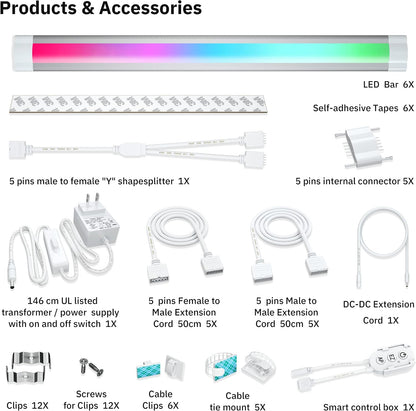 under Cabinet Lights RGB LED Light Bar Plug in for Shelf,Desk,Display Case Cabinets Lights,Color Changing Shelves Strip Lights Works with Alexa,Google,Smart App,Tv,Monitor Backlight,6Pcs