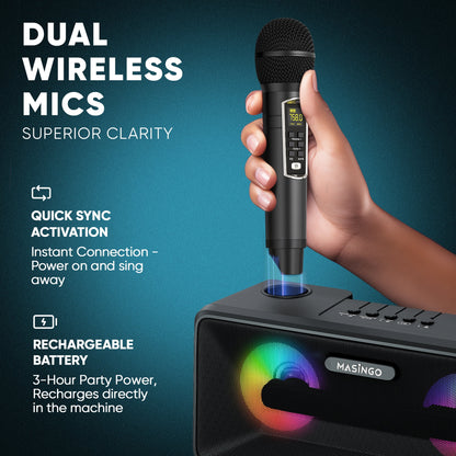 Karaoke Machine for Adults and Kids with 2 Wireless Microphones, Portable Bluetooth Singing Speaker, Colorful LED Lights, PA System, Lyrics Display Holder & TV Cable - Presto G2 (Black)