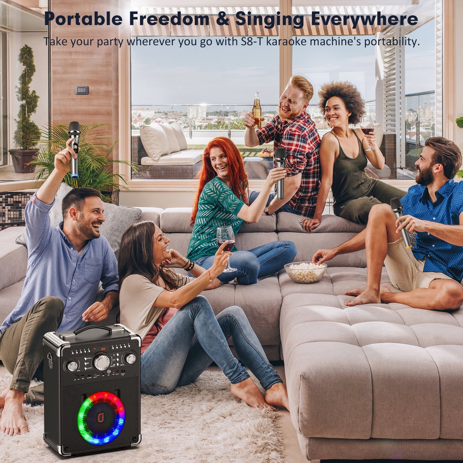 Karaoke Machine, Bluetooth Speaker with Microphone and Light, 3 Wireless Karaoke Microphone, Home Karaoke System, S8-T