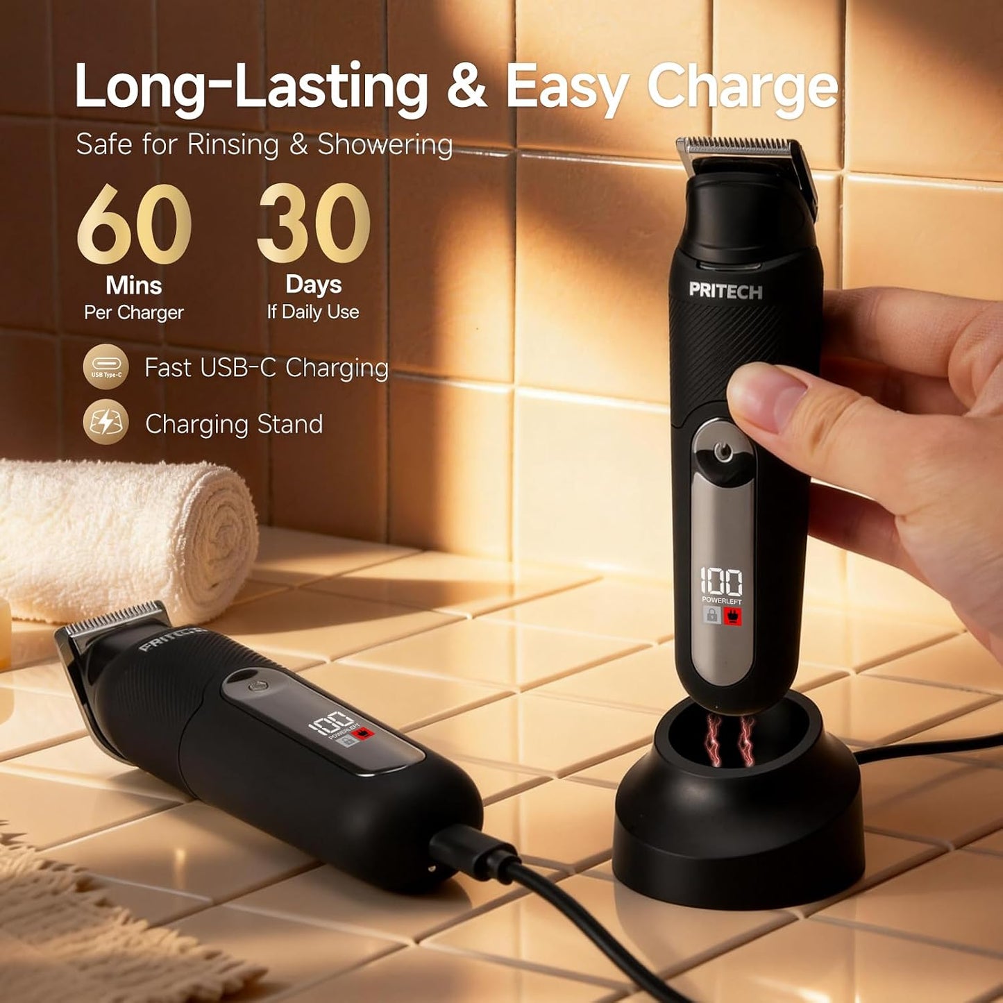 Electric Body Hair Trimmer, Waterproof Electric Razor Men Trimmer | Waterproof Mens Groin Hair Trimmer Ball Shaver USB Recharge Dock Body Grooming Kit (Dark Black)