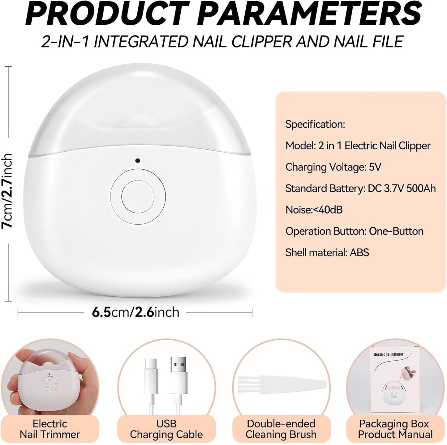Automatic Electric Nail Clipper with LED Light & 2 Speeds with Nail Scraps Storage, USB Rechargeable Safety Fingernail Trimmer for Baby, Children, Kids, Adult, Seniors and Caregivers, White