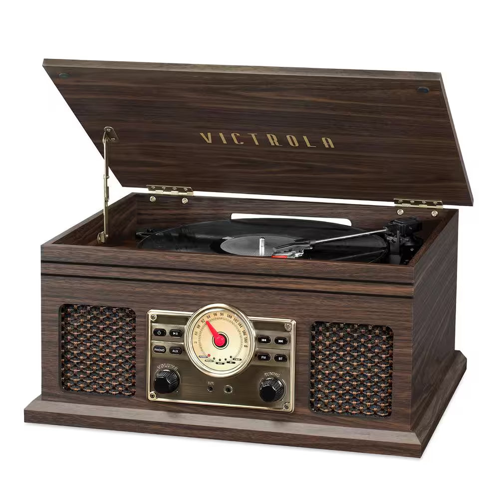 4-In-1 Nostalgic Bluetooth Record Player with 3-Speed Record Turntable and FM Radio