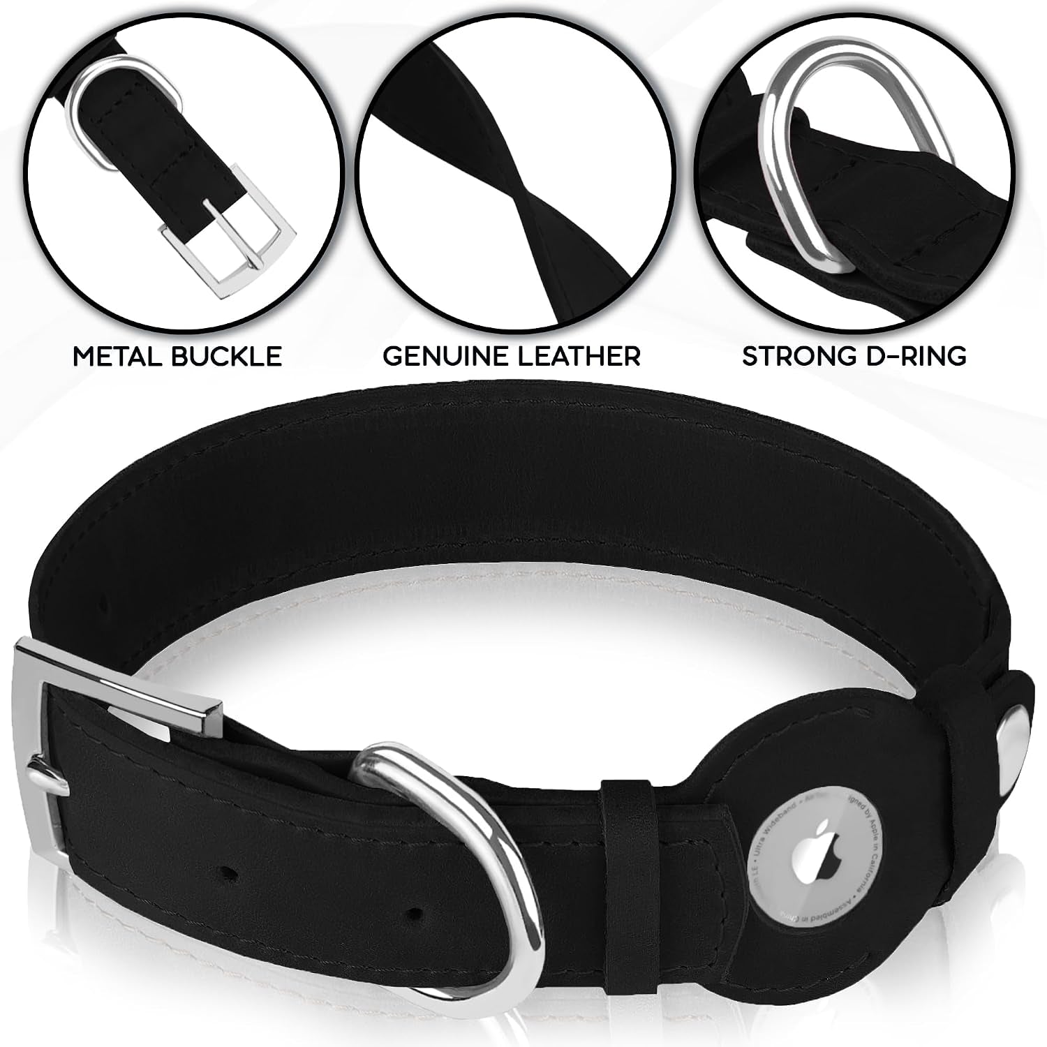 Leather Dog Collar with Airtag Holder - Apple Air Tag Dog Collars - Soft Tracking GPS Pet Collar for Small Medium Large Dogs Breed Puppy (Black, L, 15"-19" Neck Fit)