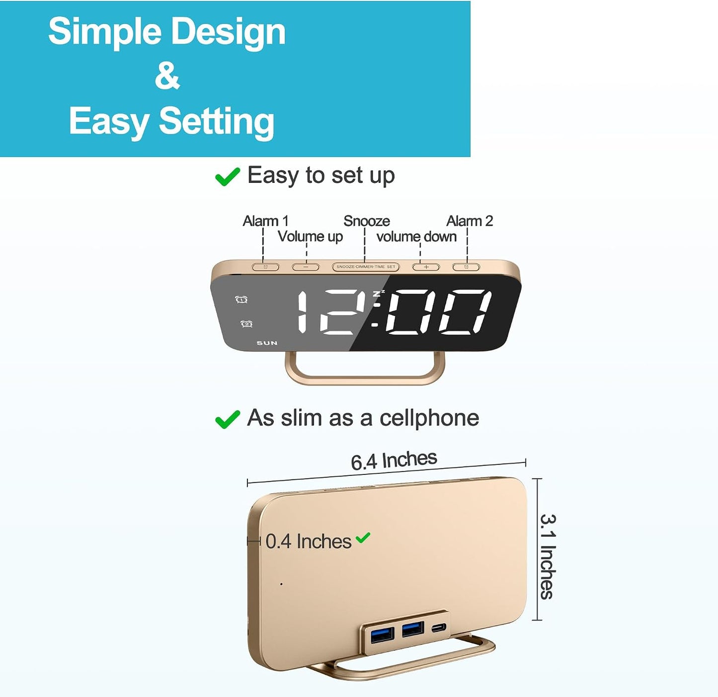 Slim LED Digital Alarm Clock, Mirror Surface for Makeup, with Diming, Large Display, Easy Setting, USB Charger Ports, Modern Bedroom, Desk, Office Living Room Decor, Christmas Birthday for Women Girl