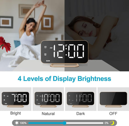 Slim LED Digital Alarm Clock, Mirror Surface for Makeup, with Diming, Large Display, Easy Setting, USB Charger Ports, Modern Bedroom, Desk, Office Living Room Decor, Christmas Birthday for Women Girl