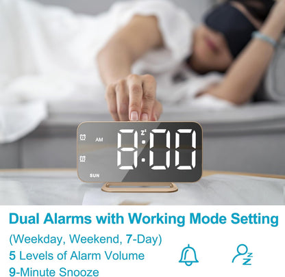 Slim LED Digital Alarm Clock, Mirror Surface for Makeup, with Diming, Large Display, Easy Setting, USB Charger Ports, Modern Bedroom, Desk, Office Living Room Decor, Christmas Birthday for Women Girl