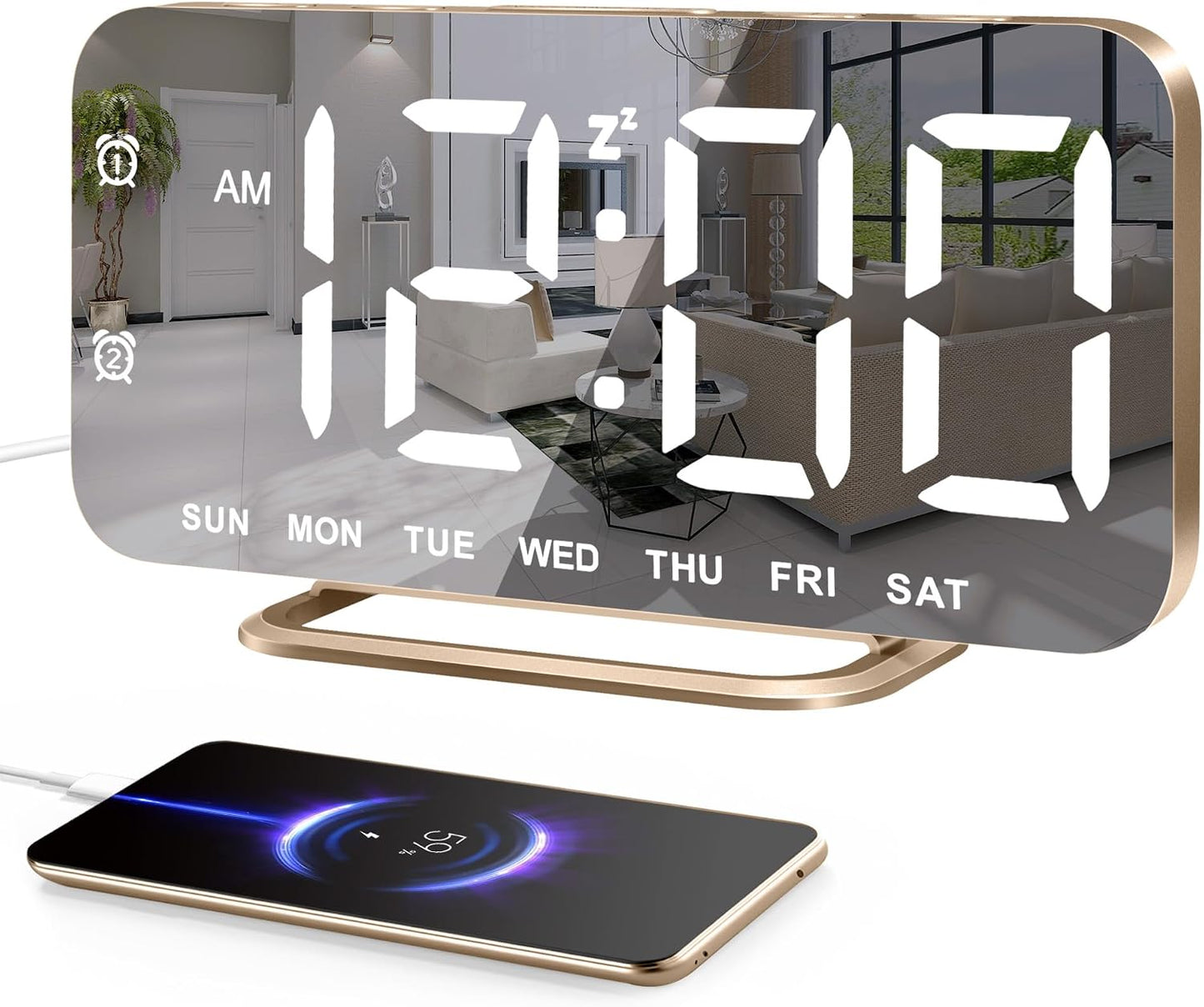 Slim LED Digital Alarm Clock, Mirror Surface for Makeup, with Diming, Large Display, Easy Setting, USB Charger Ports, Modern Bedroom, Desk, Office Living Room Decor, Christmas Birthday for Women Girl