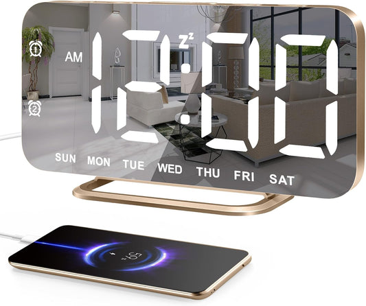 Slim LED Digital Alarm Clock, Mirror Surface for Makeup, with Diming, Large Display, Easy Setting, USB Charger Ports, Modern Bedroom, Desk, Office Living Room Decor, Christmas Birthday for Women Girl