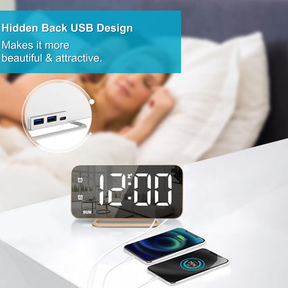 Slim LED Digital Alarm Clock, Mirror Surface for Makeup, with Diming, Large Display, Easy Setting, USB Charger Ports, Modern Bedroom, Desk, Office Living Room Decor, Christmas Birthday for Women Girl