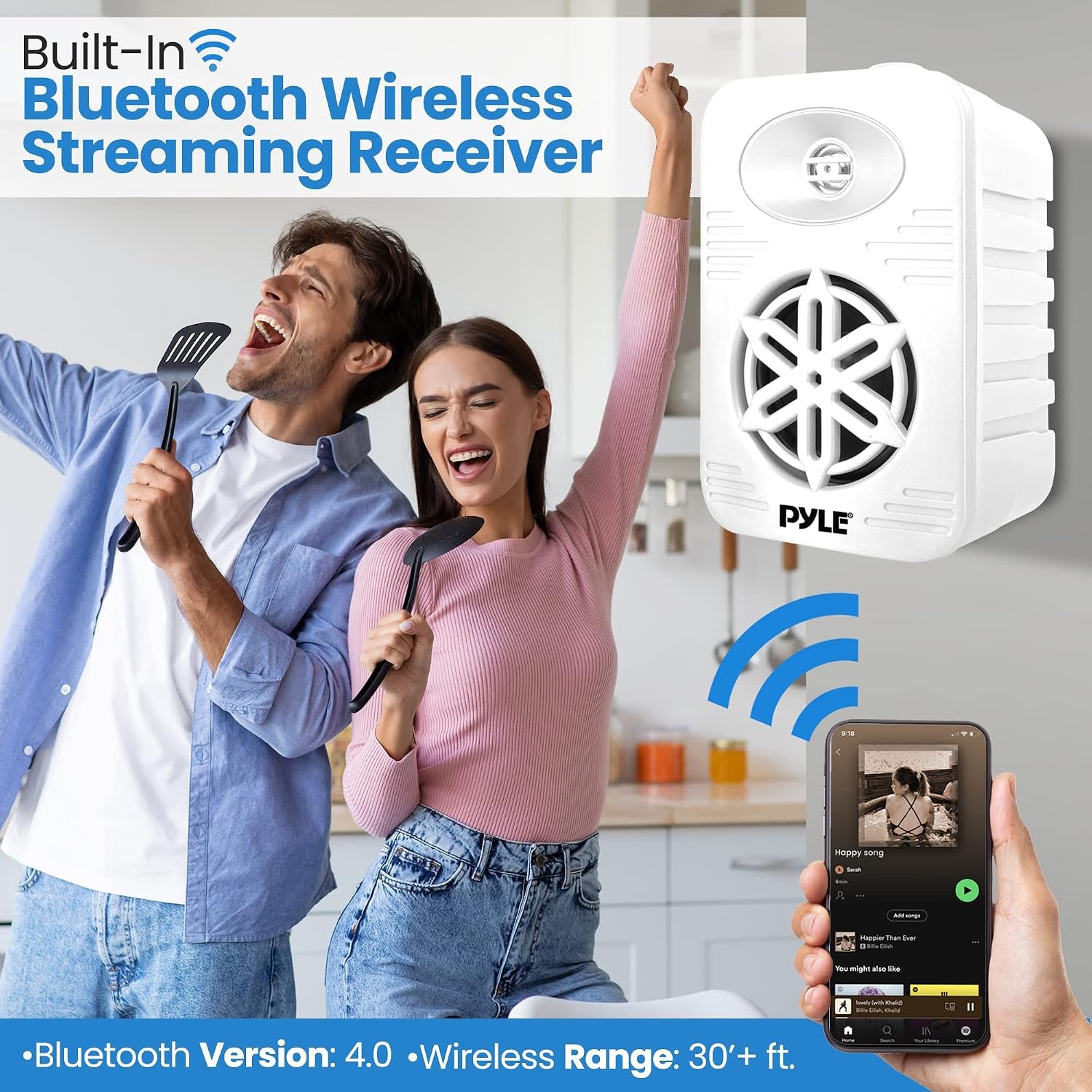 4” Outdoor Speakers, 2-Way Bluetooth Waterproof Speaker System with Polymer Tweeter, Heavy-Duty ABS Build, Bluetooth Speakers with Wireless Streaming for Patio, Pool, Deck, or Boat, White, 2-Pack
