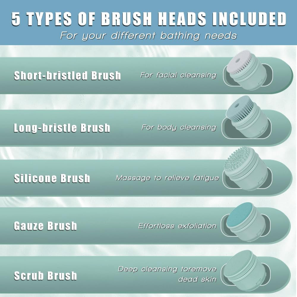 Electric Body Brush Back Scrubber for Shower, Ipx7 Waterproof Back Scrubber for Shower, Auto Spinning Exfoliating Massage Bath Brush Rechargeablerotating Body Brushes with 5 Brush Heads