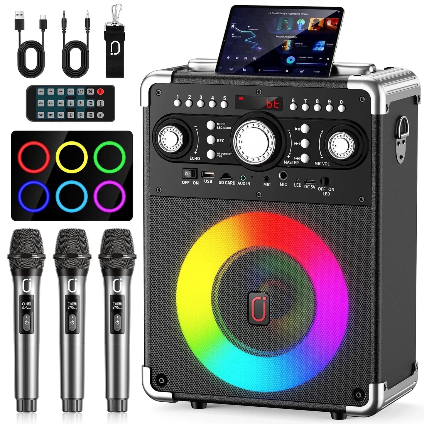 Karaoke Machine, Bluetooth Speaker with Microphone and Light, 3 Wireless Karaoke Microphone, Home Karaoke System, S8-T