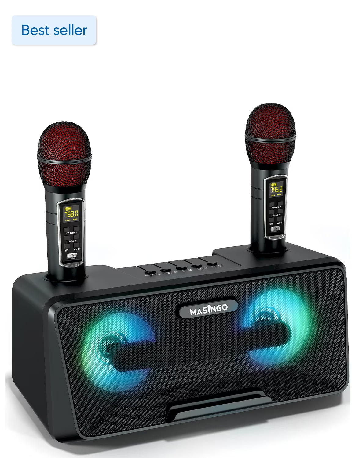 Karaoke Machine for Adults and Kids with 2 Wireless Microphones, Portable Bluetooth Singing Speaker, Colorful LED Lights, PA System, Lyrics Display Holder & TV Cable - Presto G2 (Black)
