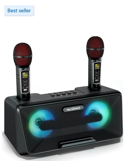 Karaoke Machine for Adults and Kids with 2 Wireless Microphones, Portable Bluetooth Singing Speaker, Colorful LED Lights, PA System, Lyrics Display Holder & TV Cable - Presto G2 (Black)