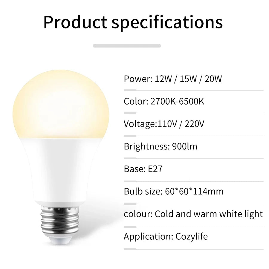 12W 15W 20W Wifi Smart LED Light Bulbs 220V 110V E27 LED Smart Alexa Lamp Cozylife APP Lampada Support Google Home Vioce Control