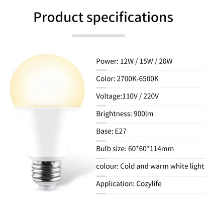 12W 15W 20W Wifi Smart LED Light Bulbs 220V 110V E27 LED Smart Alexa Lamp Cozylife APP Lampada Support Google Home Vioce Control