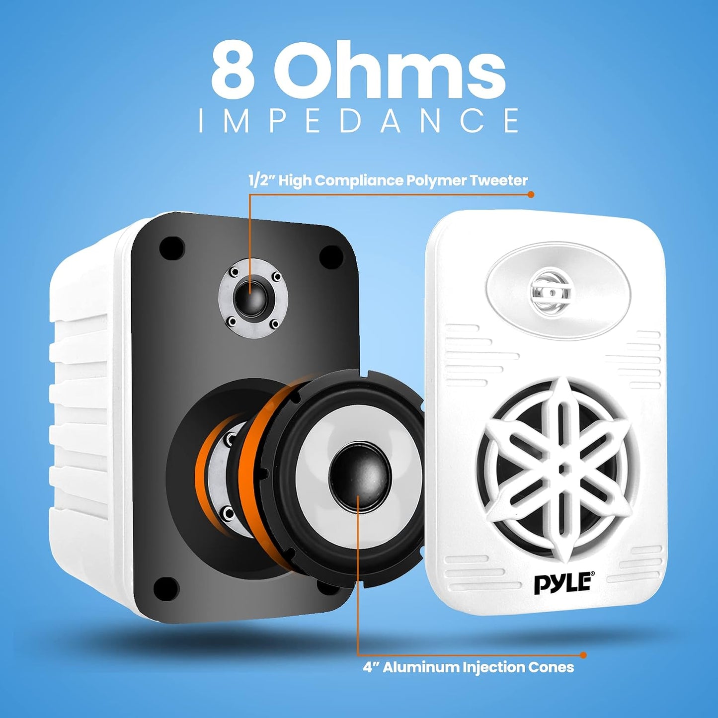 4” Outdoor Speakers, 2-Way Bluetooth Waterproof Speaker System with Polymer Tweeter, Heavy-Duty ABS Build, Bluetooth Speakers with Wireless Streaming for Patio, Pool, Deck, or Boat, White, 2-Pack