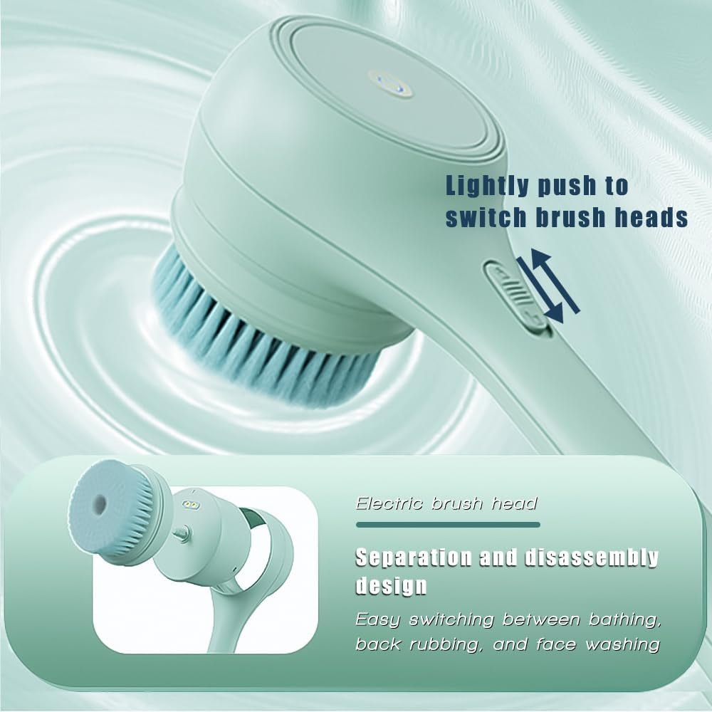 Electric Body Brush Back Scrubber for Shower, Ipx7 Waterproof Back Scrubber for Shower, Auto Spinning Exfoliating Massage Bath Brush Rechargeablerotating Body Brushes with 5 Brush Heads