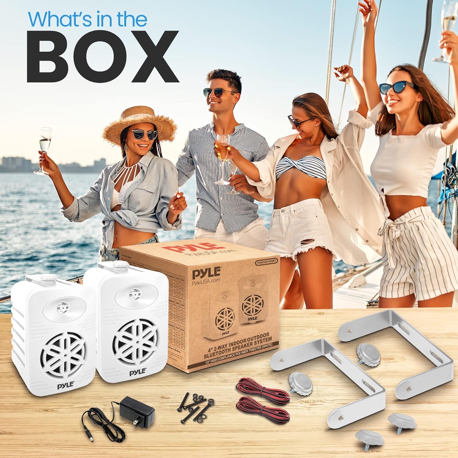 4” Outdoor Speakers, 2-Way Bluetooth Waterproof Speaker System with Polymer Tweeter, Heavy-Duty ABS Build, Bluetooth Speakers with Wireless Streaming for Patio, Pool, Deck, or Boat, White, 2-Pack