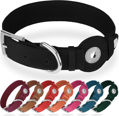 Leather Dog Collar with Airtag Holder - Apple Air Tag Dog Collars - Soft Tracking GPS Pet Collar for Small Medium Large Dogs Breed Puppy (Black, L, 15"-19" Neck Fit)