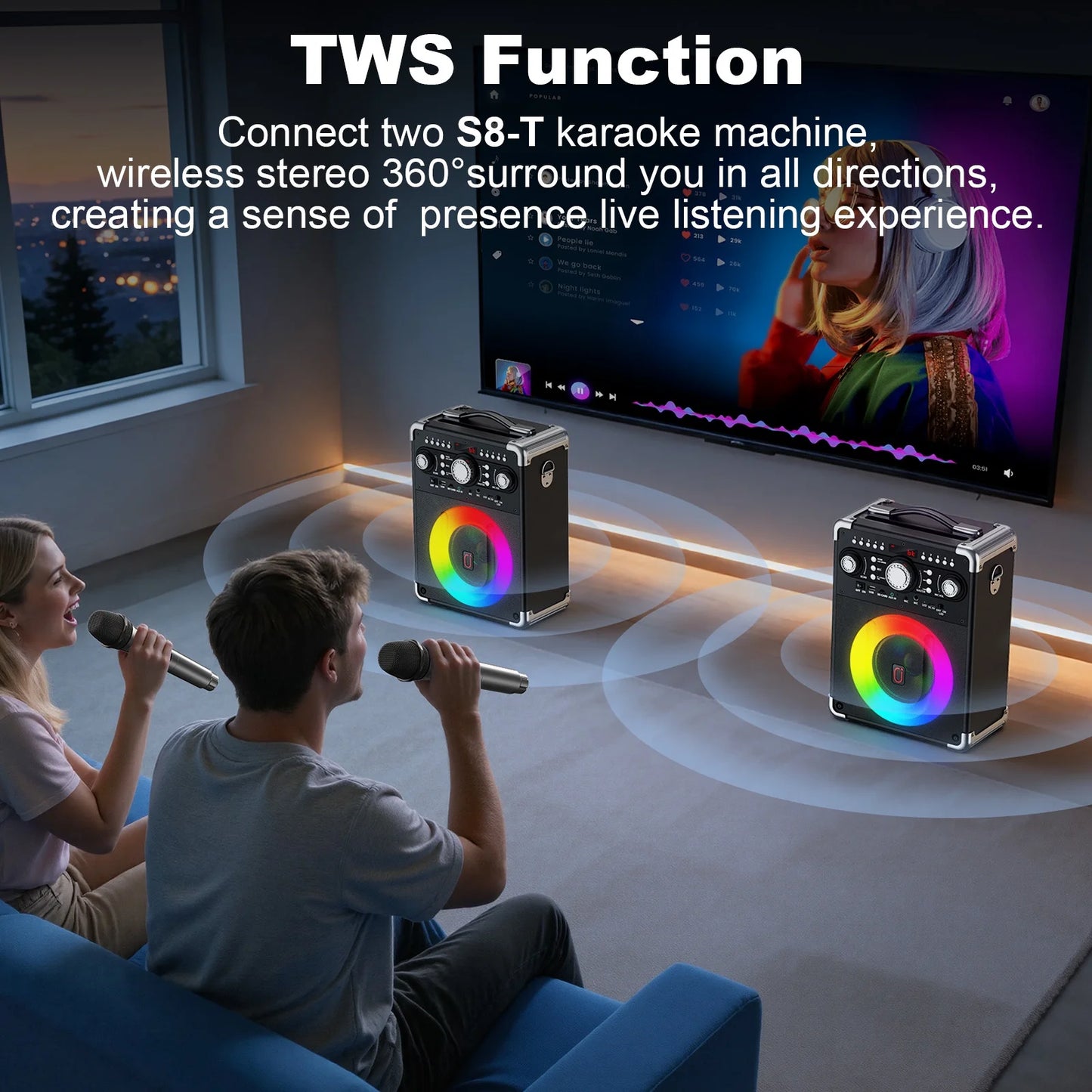 Karaoke Machine, Bluetooth Speaker with Microphone and Light, 3 Wireless Karaoke Microphone, Home Karaoke System, S8-T