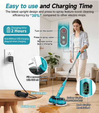 Cordless Electric Mop, Dual-Motor Power Spin Mop for Floor Cleaning with 5000 Mah Battery, Water Spray, LED Headlights & Smart Display, Self-Propelled for Multi-Surface, M1