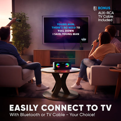 Karaoke Machine for Adults and Kids with 2 Wireless Microphones, Portable Bluetooth Singing Speaker, Colorful LED Lights, PA System, Lyrics Display Holder & TV Cable - Presto G2 (Black)