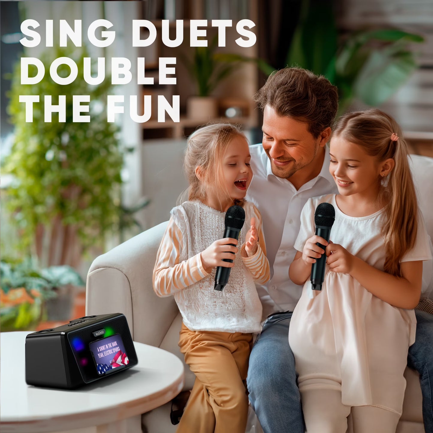 Karaoke Machine for Adults and Kids with 2 Wireless Microphones, Portable Bluetooth Singing Speaker, Colorful LED Lights, PA System, Lyrics Display Holder & TV Cable - Presto G2 (Black)