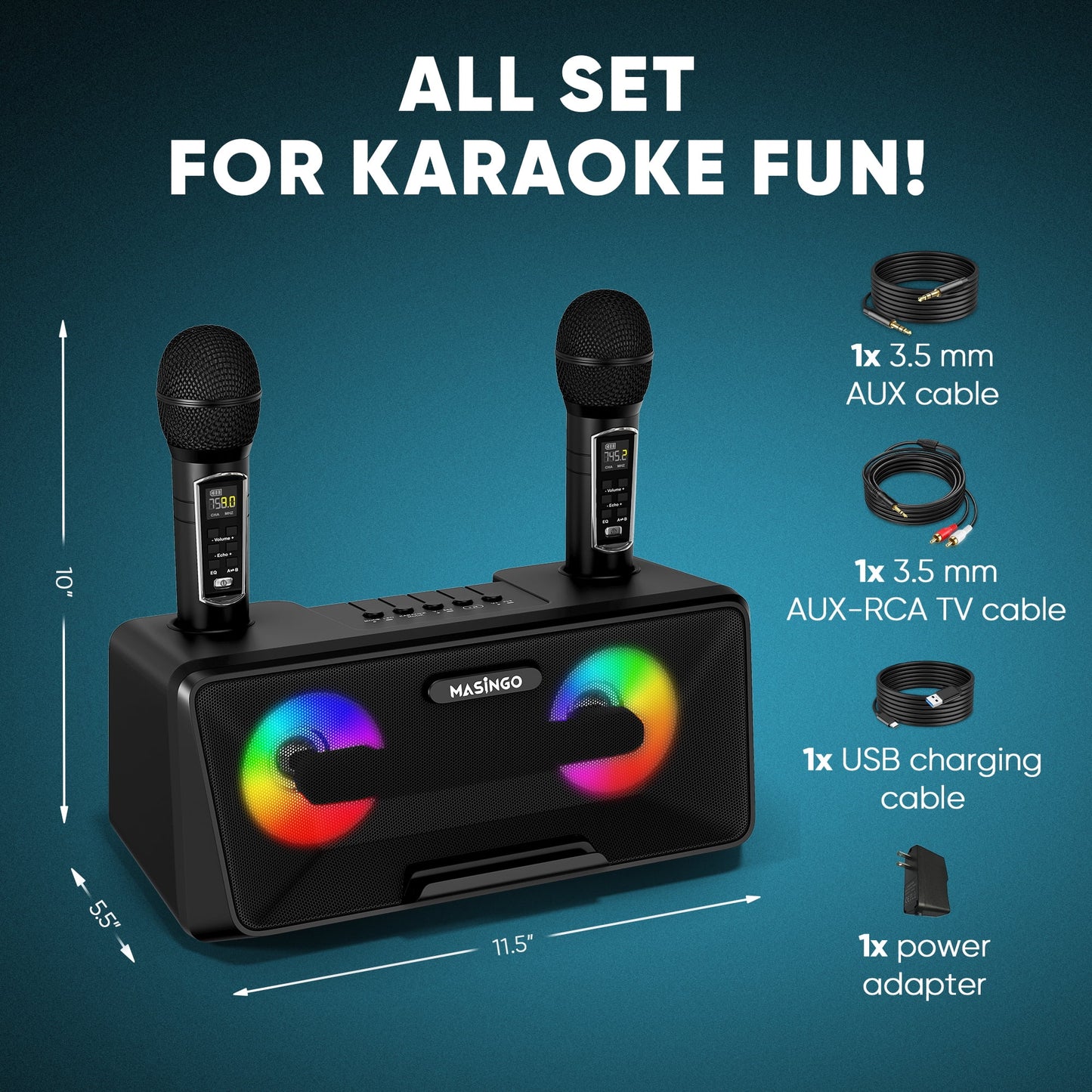 Karaoke Machine for Adults and Kids with 2 Wireless Microphones, Portable Bluetooth Singing Speaker, Colorful LED Lights, PA System, Lyrics Display Holder & TV Cable - Presto G2 (Black)