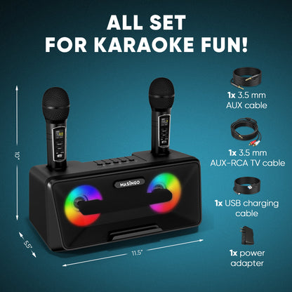 Karaoke Machine for Adults and Kids with 2 Wireless Microphones, Portable Bluetooth Singing Speaker, Colorful LED Lights, PA System, Lyrics Display Holder & TV Cable - Presto G2 (Black)