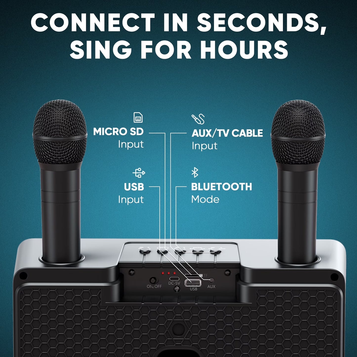 Karaoke Machine for Adults and Kids with 2 Wireless Microphones, Portable Bluetooth Singing Speaker, Colorful LED Lights, PA System, Lyrics Display Holder & TV Cable - Presto G2 (Black)