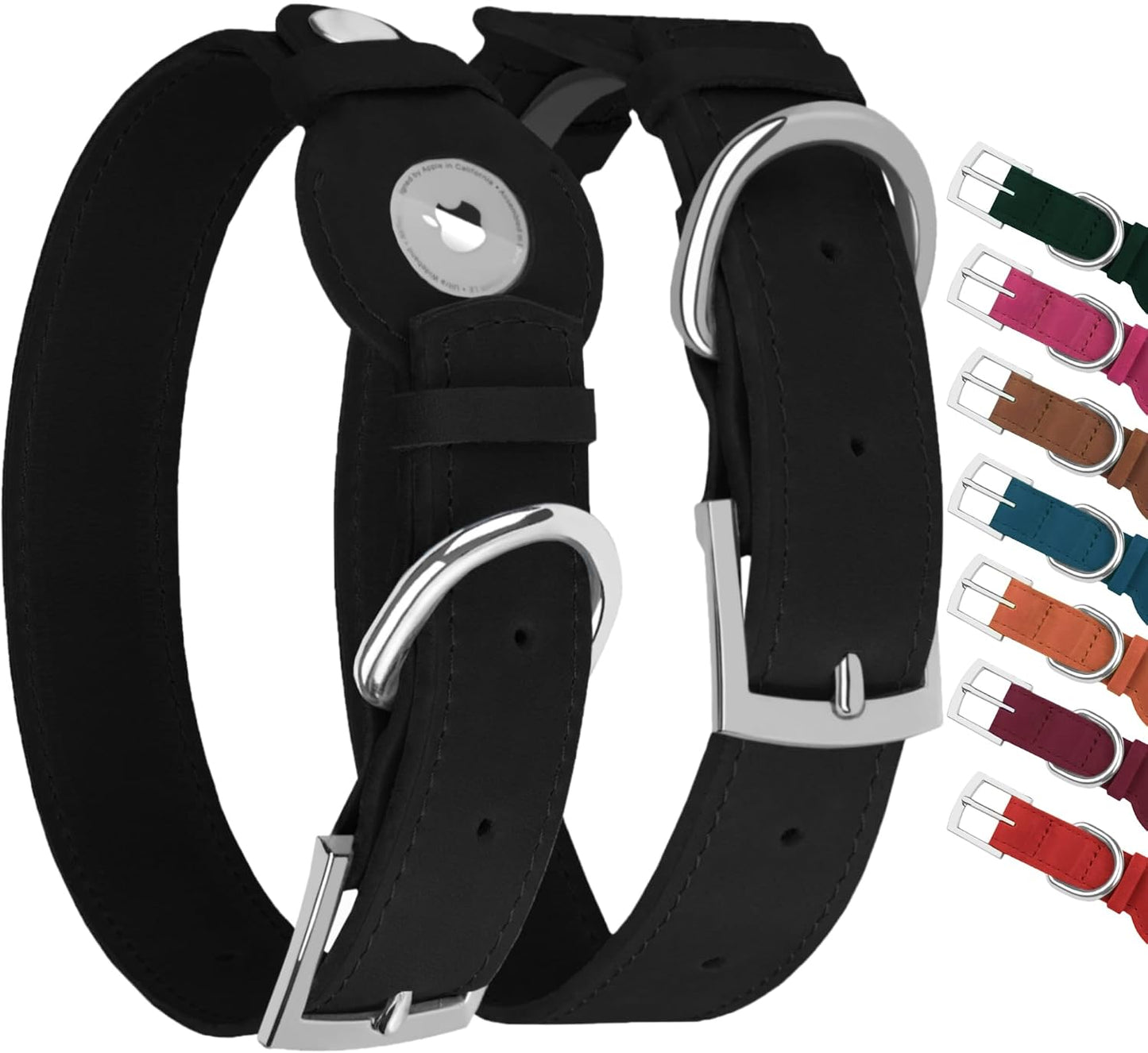 Leather Dog Collar with Airtag Holder - Apple Air Tag Dog Collars - Soft Tracking GPS Pet Collar for Small Medium Large Dogs Breed Puppy (Black, L, 15"-19" Neck Fit)