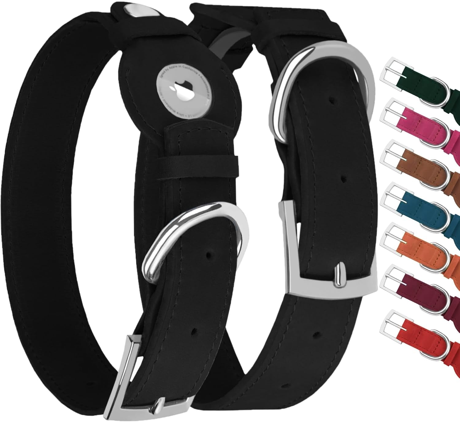 Leather Dog Collar with Airtag Holder - Apple Air Tag Dog Collars - Soft Tracking GPS Pet Collar for Small Medium Large Dogs Breed Puppy (Black, L, 15"-19" Neck Fit)