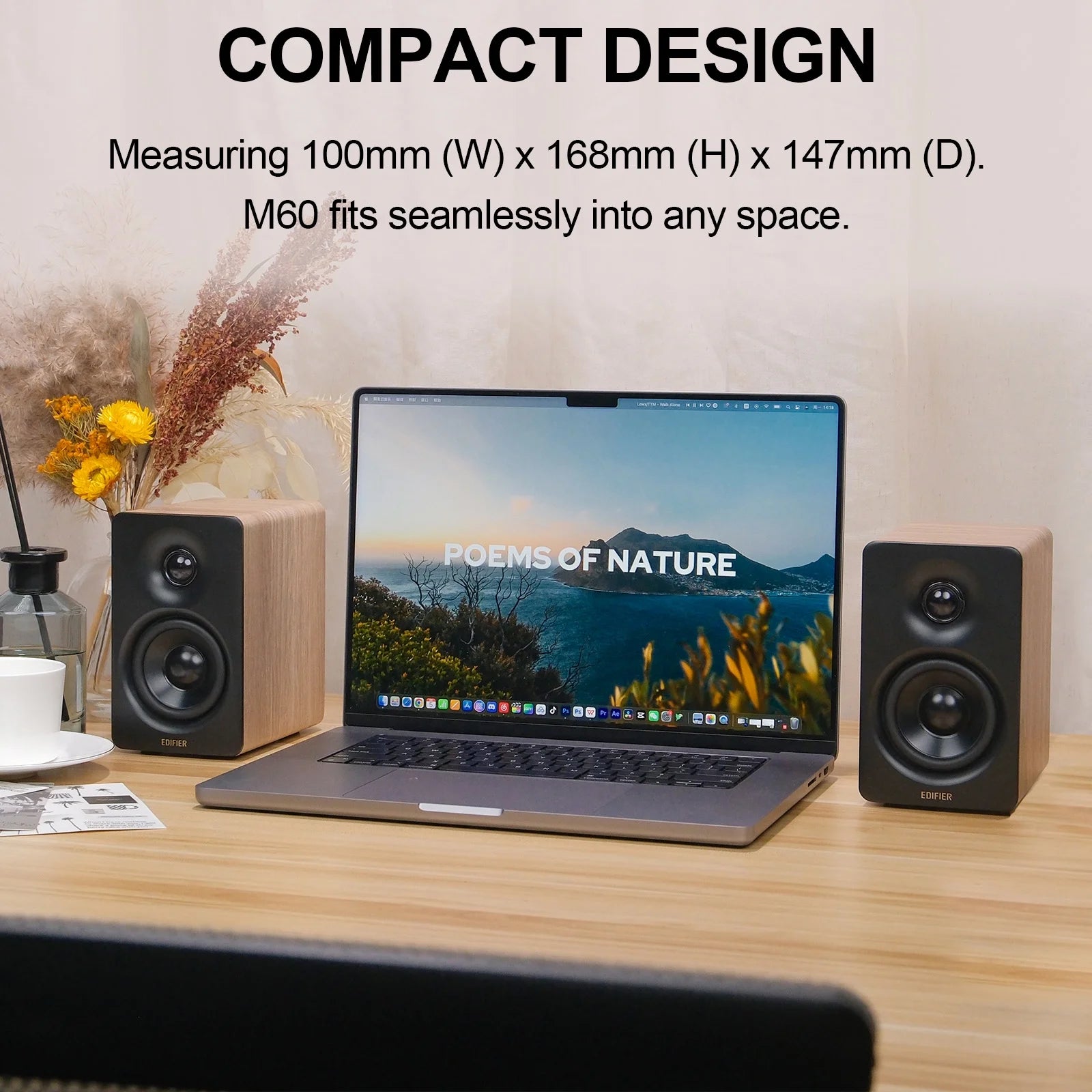M60 Bluetooth Compact Desktop 2.0 Speakers - High Res - 66 Watts (Oak Brown)