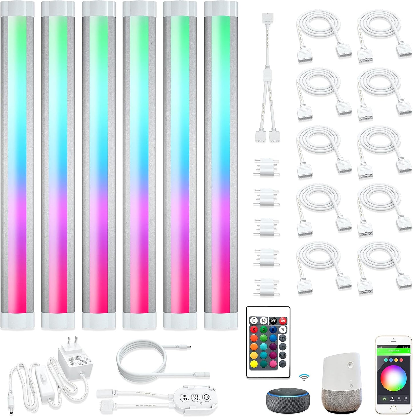 under Cabinet Lights RGB LED Light Bar Plug in for Shelf,Desk,Display Case Cabinets Lights,Color Changing Shelves Strip Lights Works with Alexa,Google,Smart App,Tv,Monitor Backlight,6Pcs
