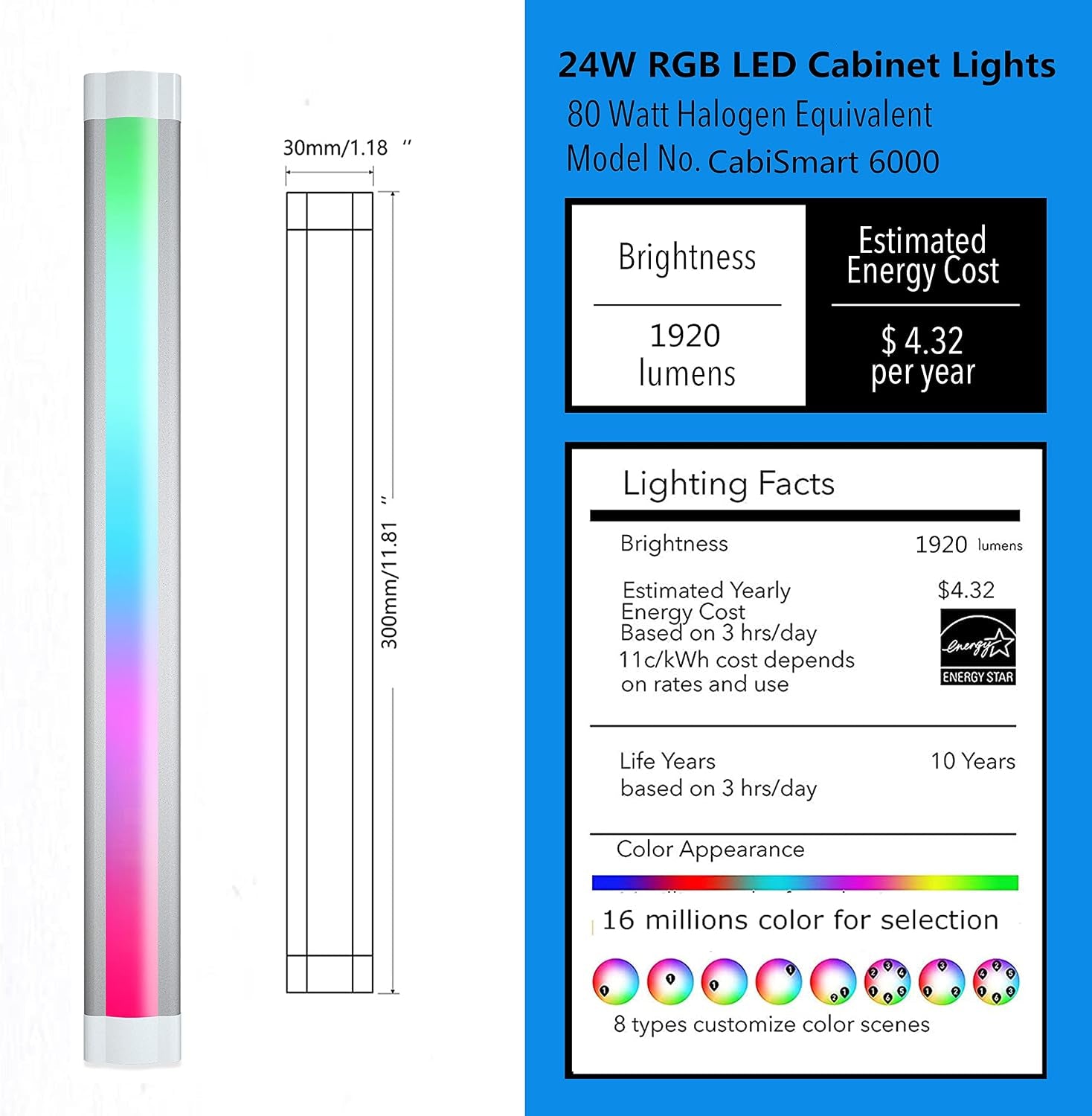 under Cabinet Lights RGB LED Light Bar Plug in for Shelf,Desk,Display Case Cabinets Lights,Color Changing Shelves Strip Lights Works with Alexa,Google,Smart App,Tv,Monitor Backlight,6Pcs