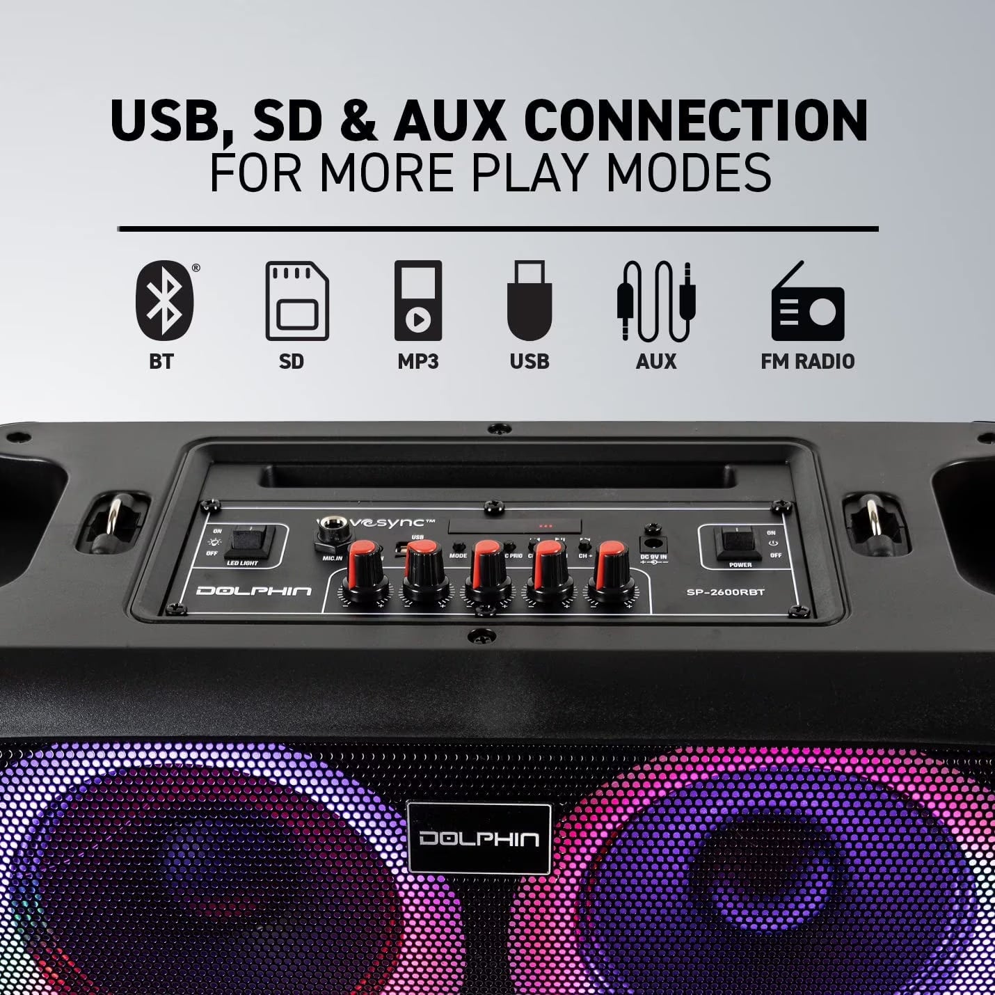 SP-2600RBT Boombox Speaker with Mic Input & Sound-Activated Light, Bluetooth & USB, Play Music Anywhere