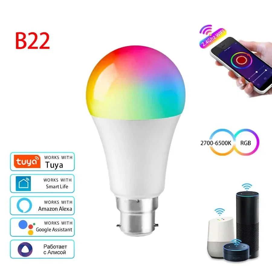 Tuya Smart Led Light Bulbs E27 B22 Wifi Bluetooth Smart Life Alexa Google Smartthings 15W RGB Lamp Spotlight Ampoules Bombilla