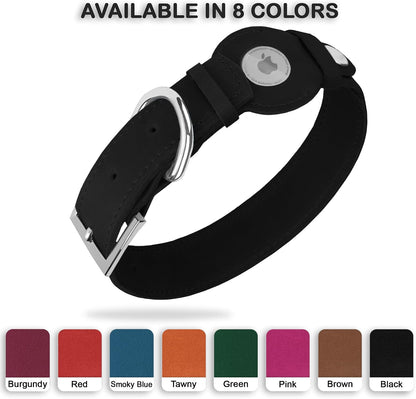 Leather Dog Collar with Airtag Holder - Apple Air Tag Dog Collars - Soft Tracking GPS Pet Collar for Small Medium Large Dogs Breed Puppy (Black, L, 15"-19" Neck Fit)
