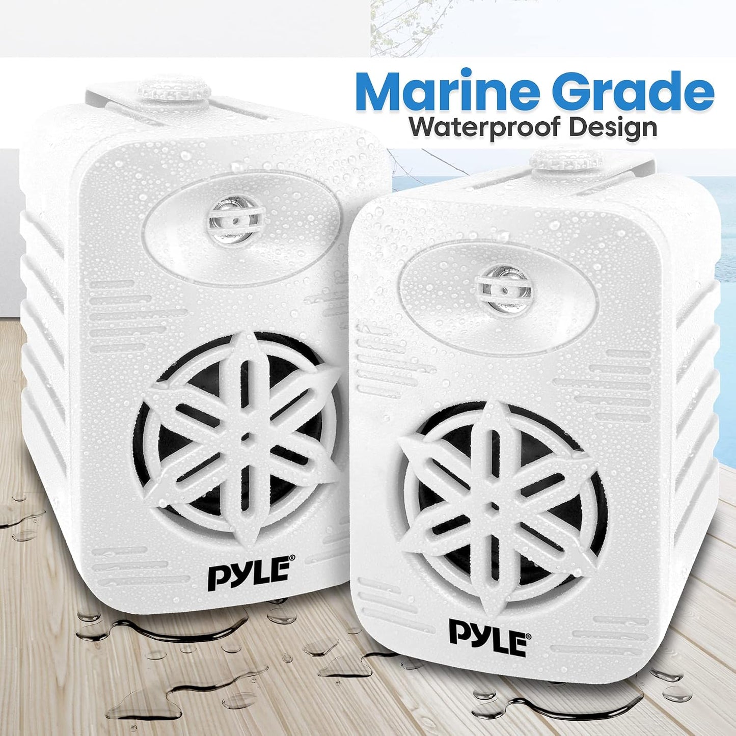 4” Outdoor Speakers, 2-Way Bluetooth Waterproof Speaker System with Polymer Tweeter, Heavy-Duty ABS Build, Bluetooth Speakers with Wireless Streaming for Patio, Pool, Deck, or Boat, White, 2-Pack